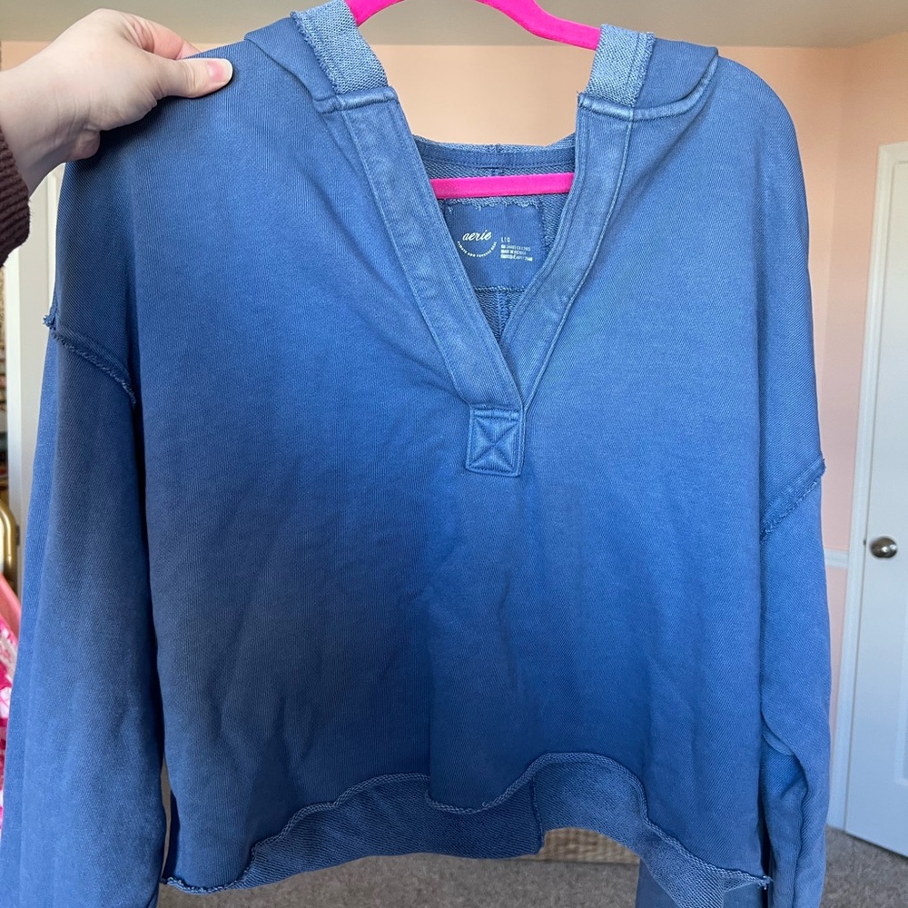 Aerie Blue Gray Cropped Hoodie with Polo Collar - Picture 4 of 4